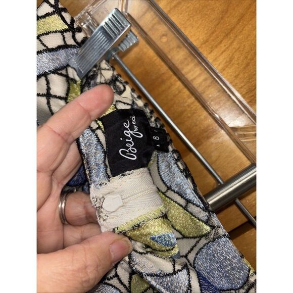 Beige ECI All Over Embroidery Midi Length Skirt 8 Teal Green Floral Lace Lined - Picture 5 of 14